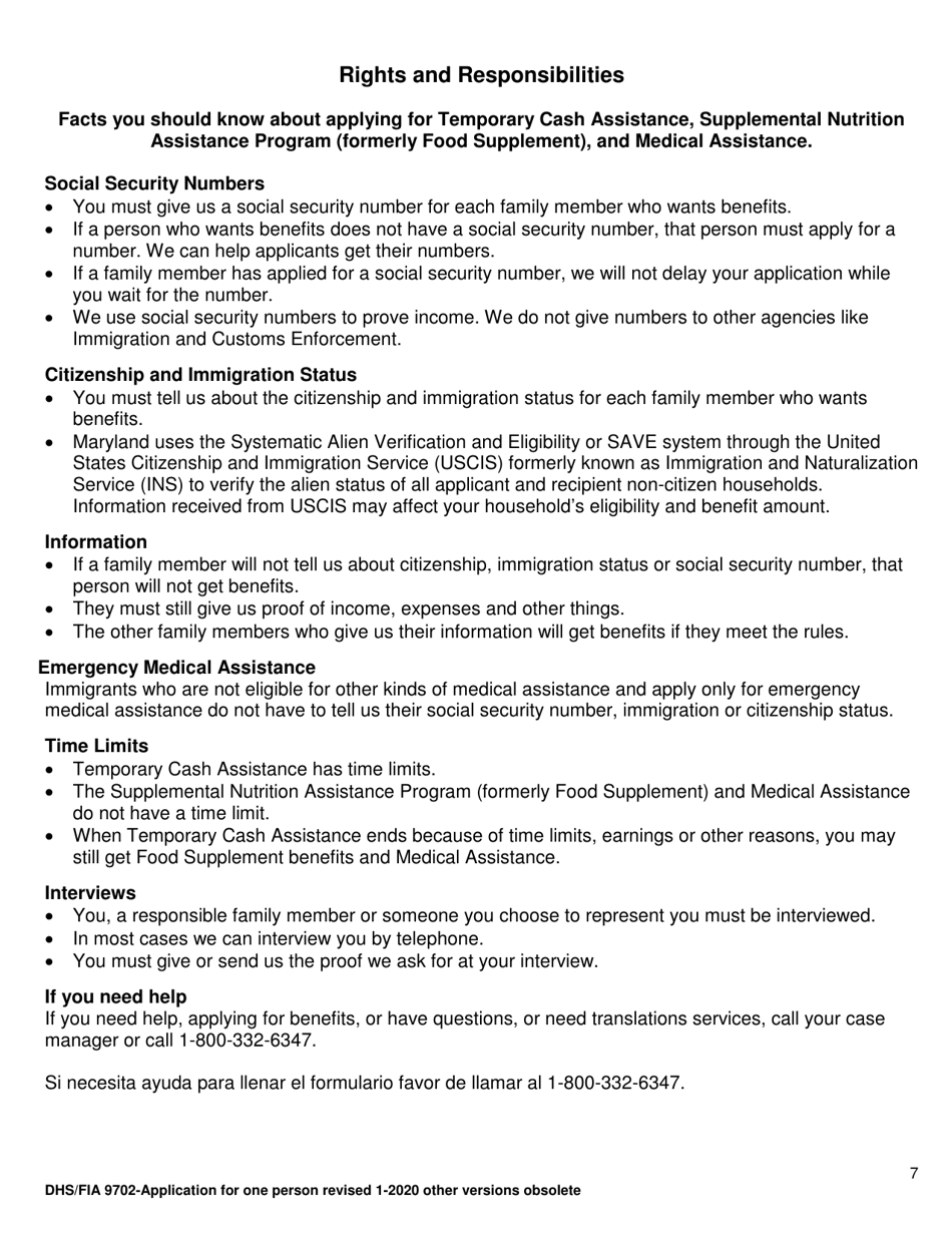 Form DHS / FIA9702 Application for Assistance for One Person - Maryland, Page 7