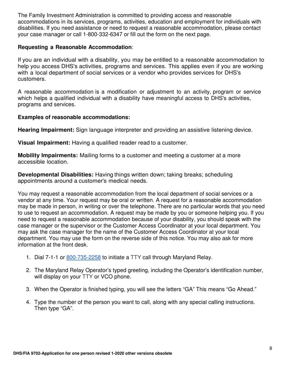Form DHS / FIA9702 Application for Assistance for One Person - Maryland, Page 8