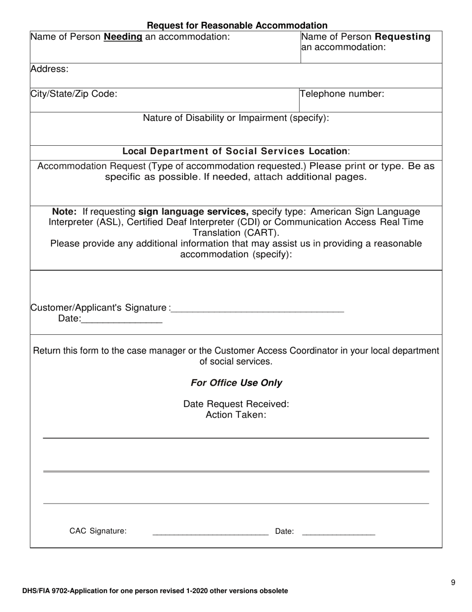 Form DHS / FIA9702 Application for Assistance for One Person - Maryland, Page 9