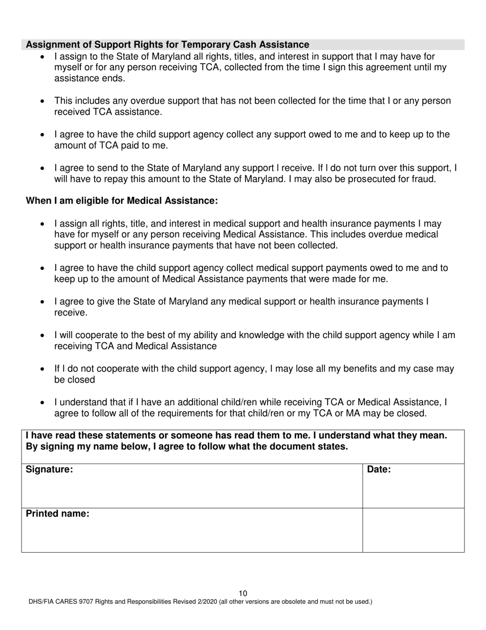 Form DHS / FIA CARES9707 Rights and Responsibilities - Maryland, Page 10