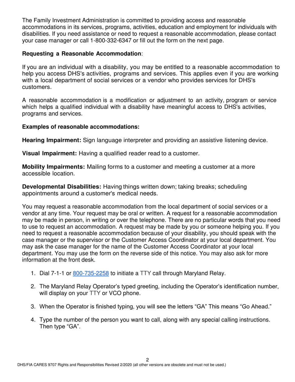 Form DHS / FIA CARES9707 Rights and Responsibilities - Maryland, Page 2