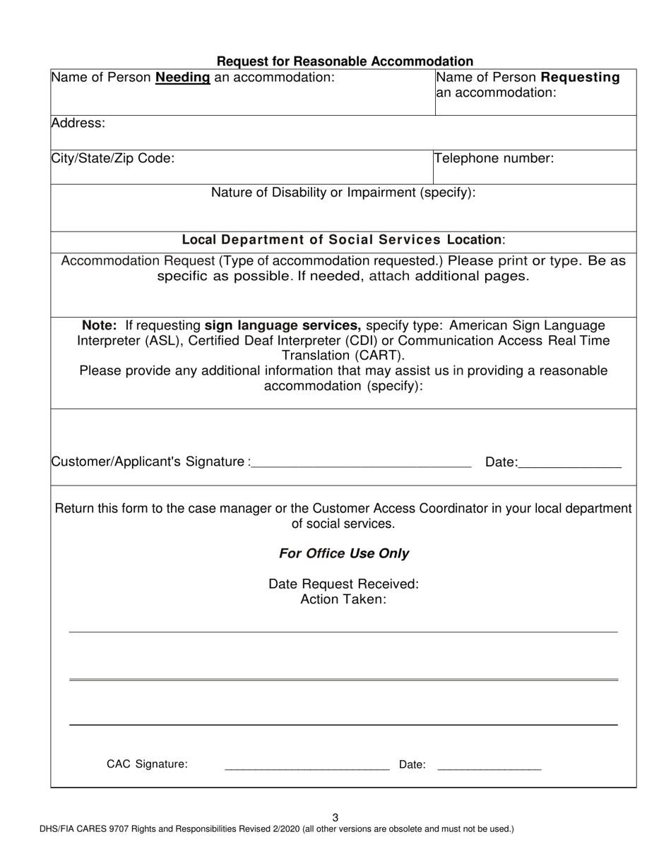 Form DHS / FIA CARES9707 Rights and Responsibilities - Maryland, Page 3