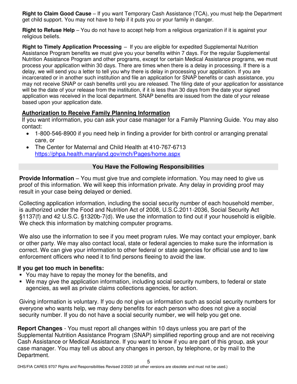 Form DHS / FIA CARES9707 Rights and Responsibilities - Maryland, Page 5