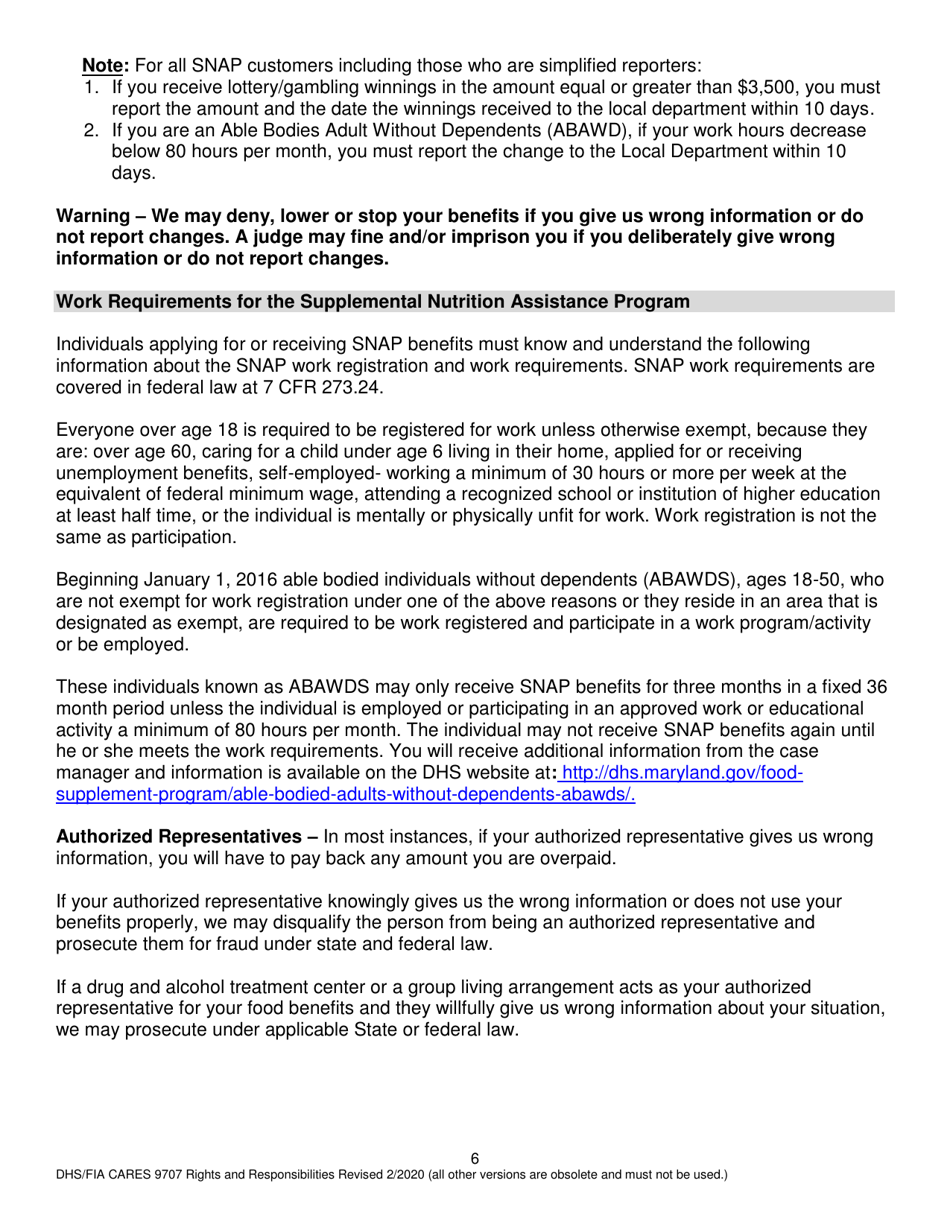 Form DHS / FIA CARES9707 Rights and Responsibilities - Maryland, Page 6