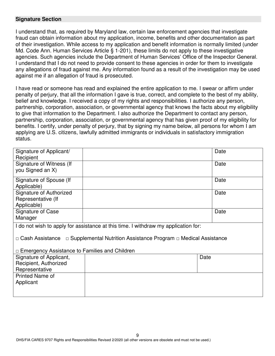 Form DHS / FIA CARES9707 Rights and Responsibilities - Maryland, Page 9
