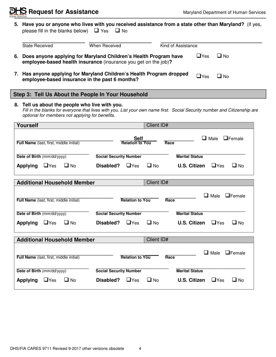 Form DHS / FIA CARES9711 Request for Assistance - Maryland, Page 4