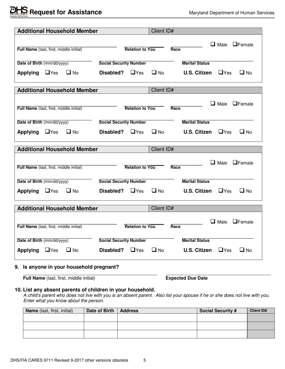Form DHS / FIA CARES9711 Request for Assistance - Maryland, Page 5