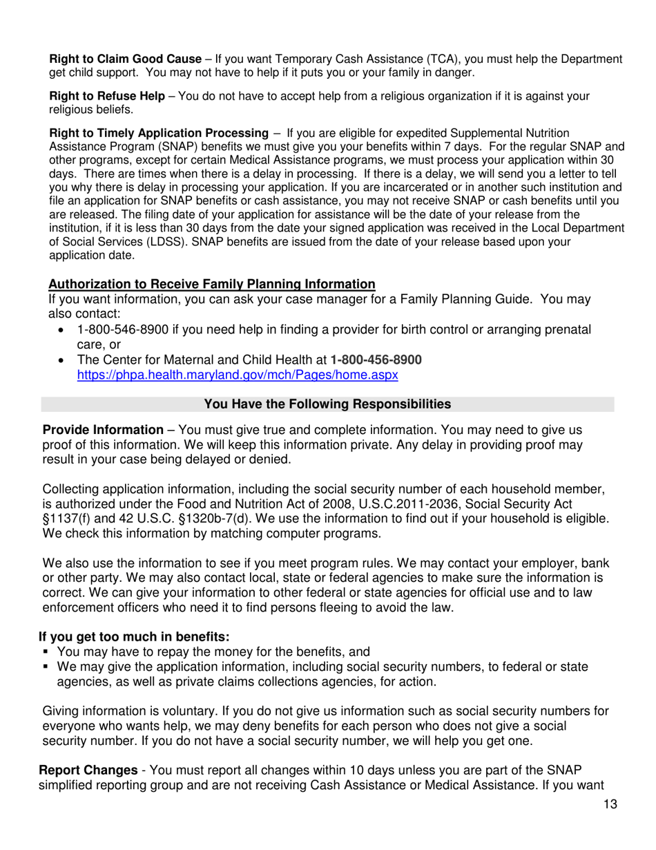 Form DHS / FIA CARES9701 Family Investment Administration Application for Assistance - Maryland, Page 13