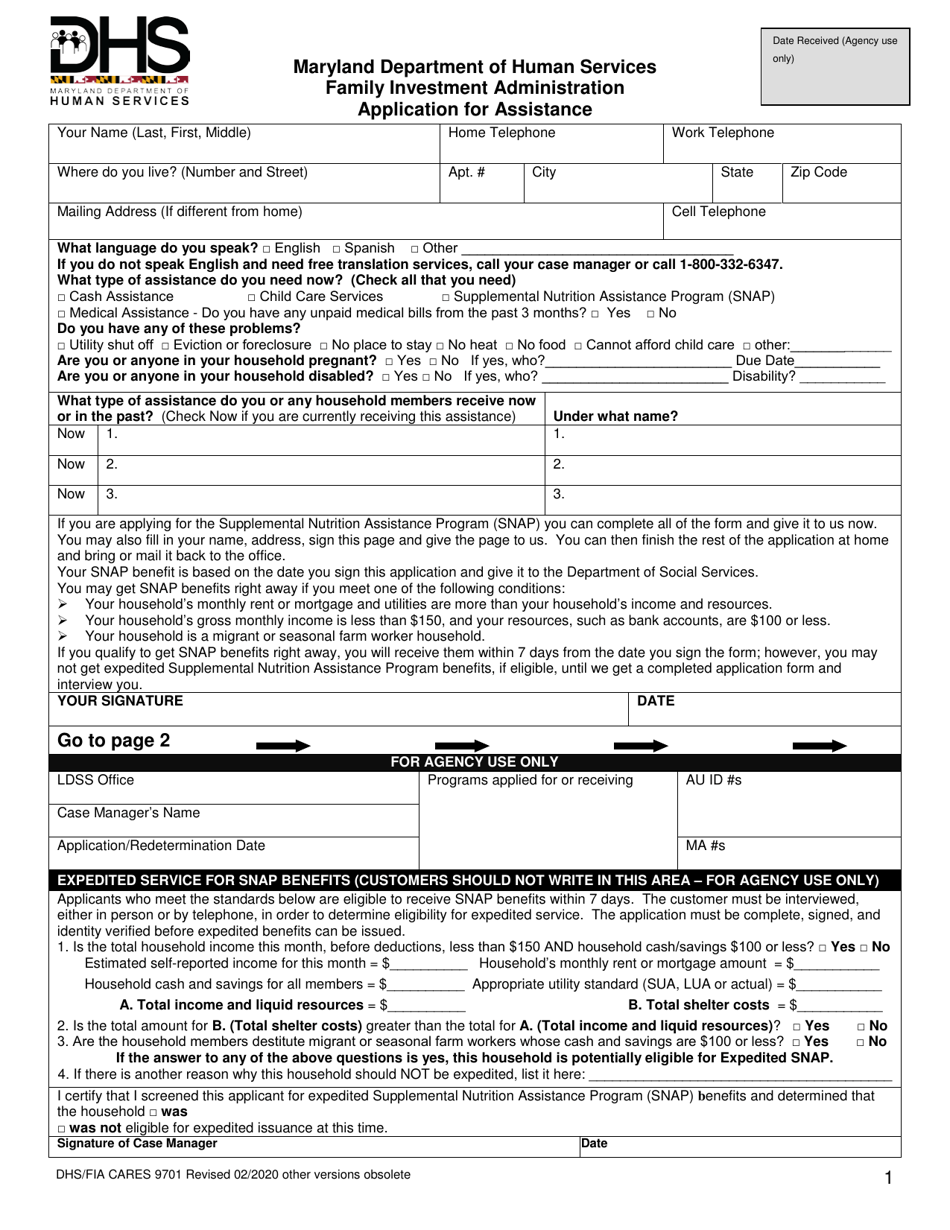 Form DHS / FIA CARES9701 Family Investment Administration Application for Assistance - Maryland, Page 1