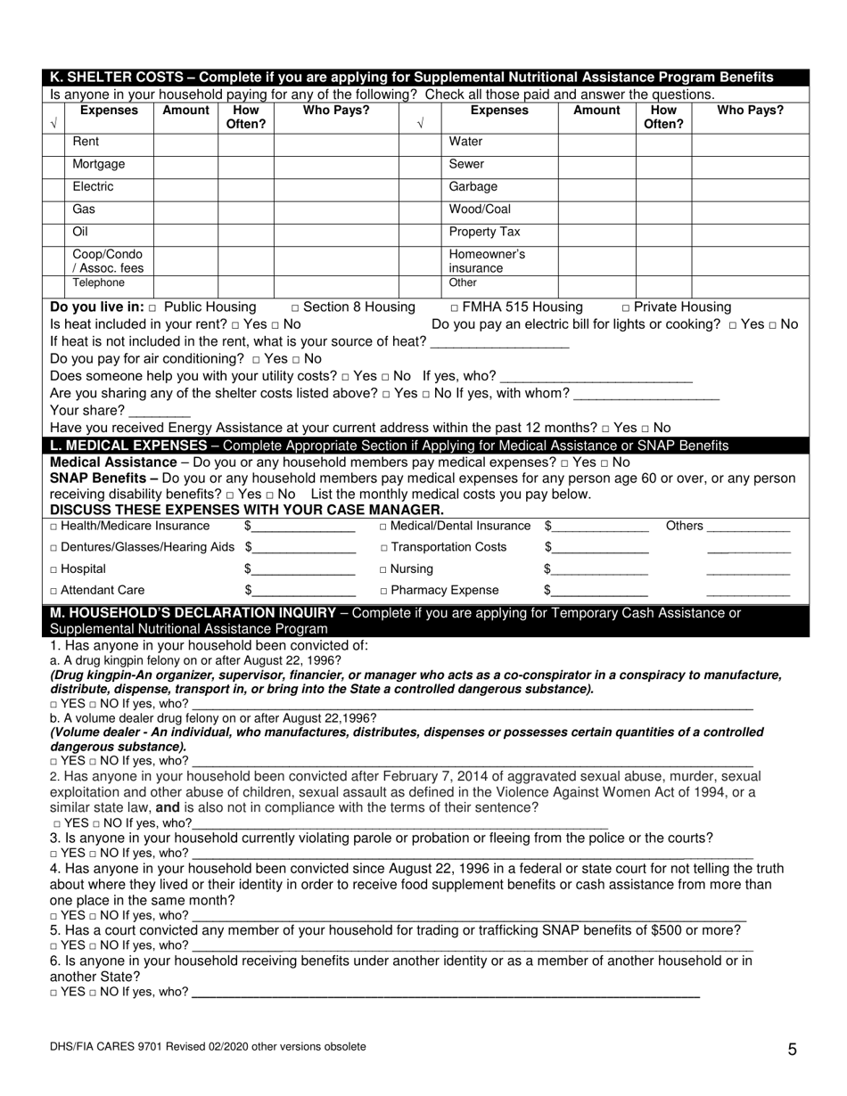 Form DHS / FIA CARES9701 Family Investment Administration Application for Assistance - Maryland, Page 5