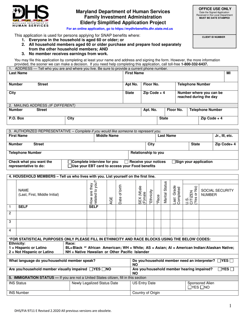 Form DHS / FIA9711 Elderly Simplified Application Project - Maryland, Page 1
