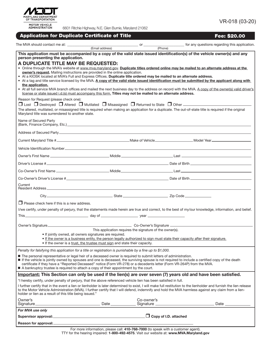 Form VR-018 Application for Duplicate Certificate of Title - Maryland, Page 1