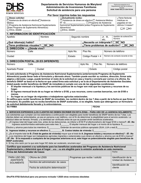 Formulario DHS/FIA9702 Solicitud De Asistencia Para Una Persona - Maryland (Spanish)