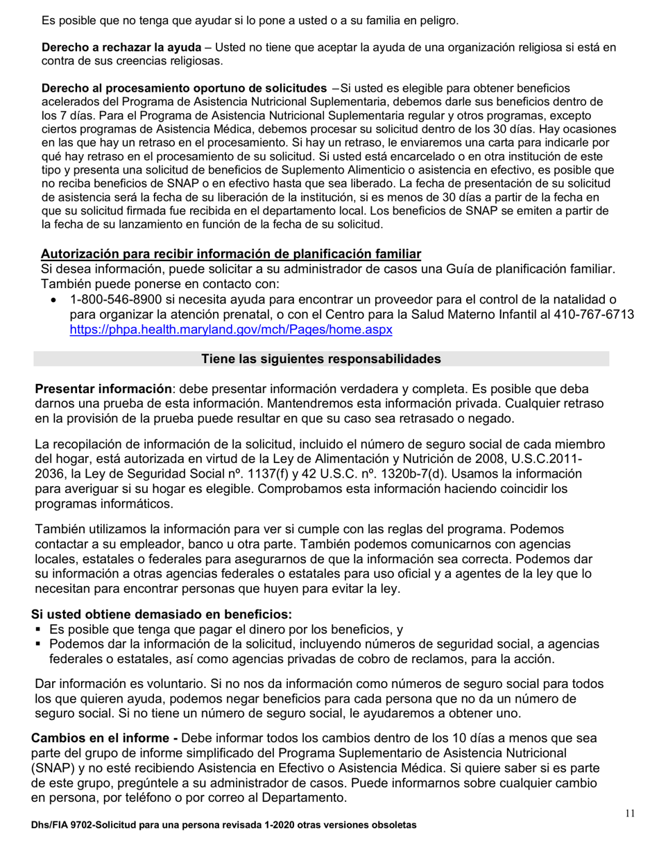 Formulario DHS / FIA9702 Solicitud De Asistencia Para Una Persona - Maryland (Spanish), Page 11