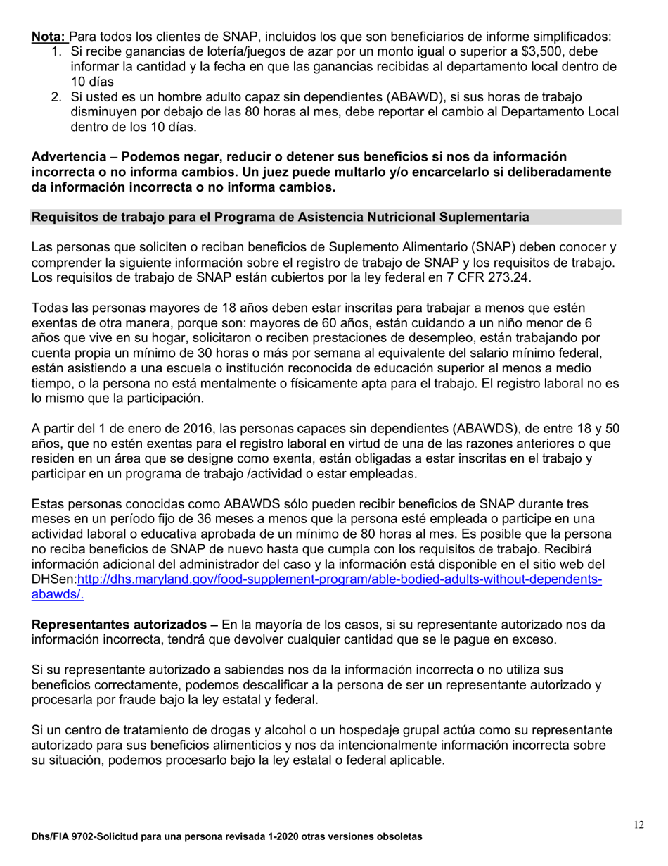 Formulario DHS / FIA9702 Solicitud De Asistencia Para Una Persona - Maryland (Spanish), Page 12
