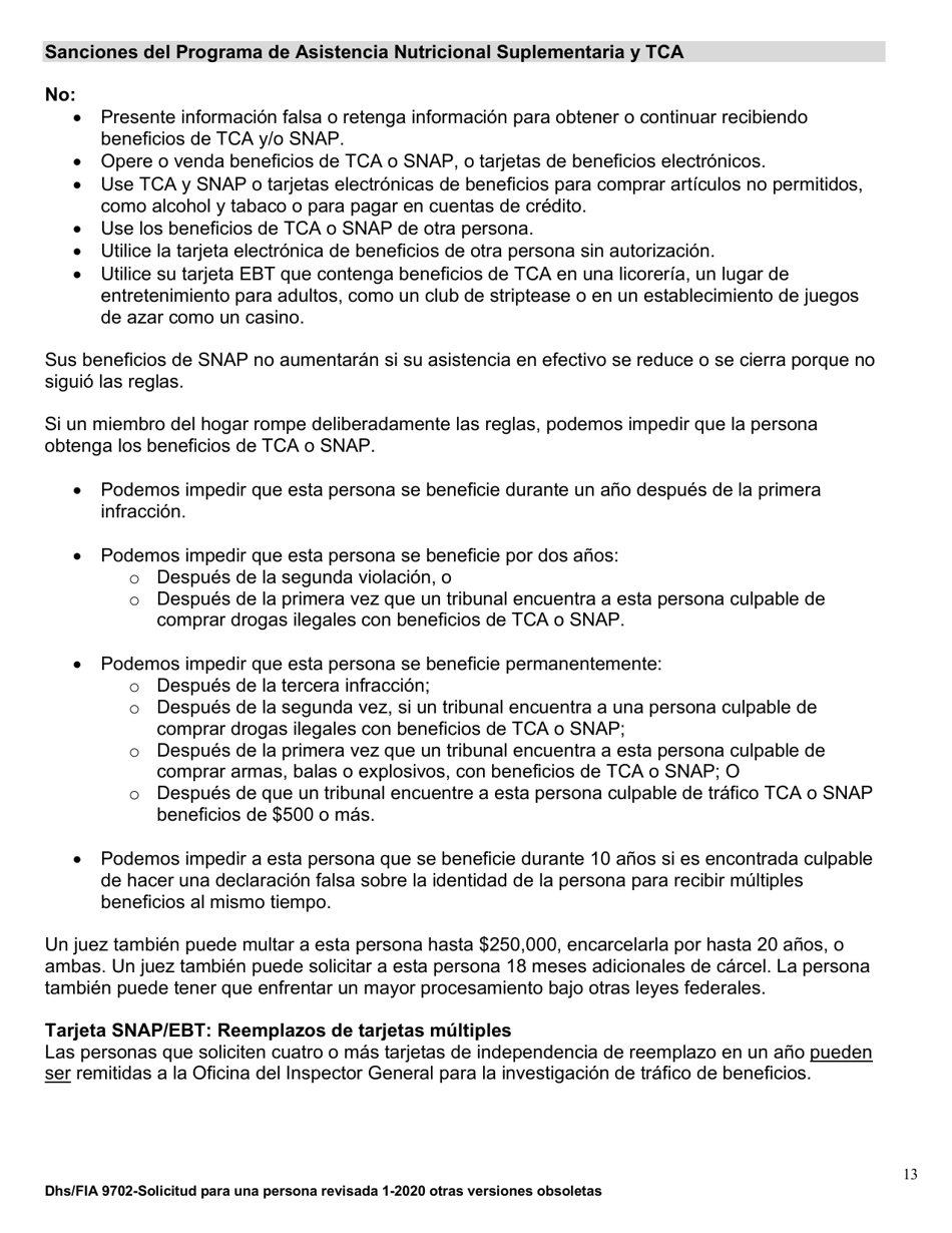 Formulario DHS / FIA9702 Solicitud De Asistencia Para Una Persona - Maryland (Spanish), Page 13