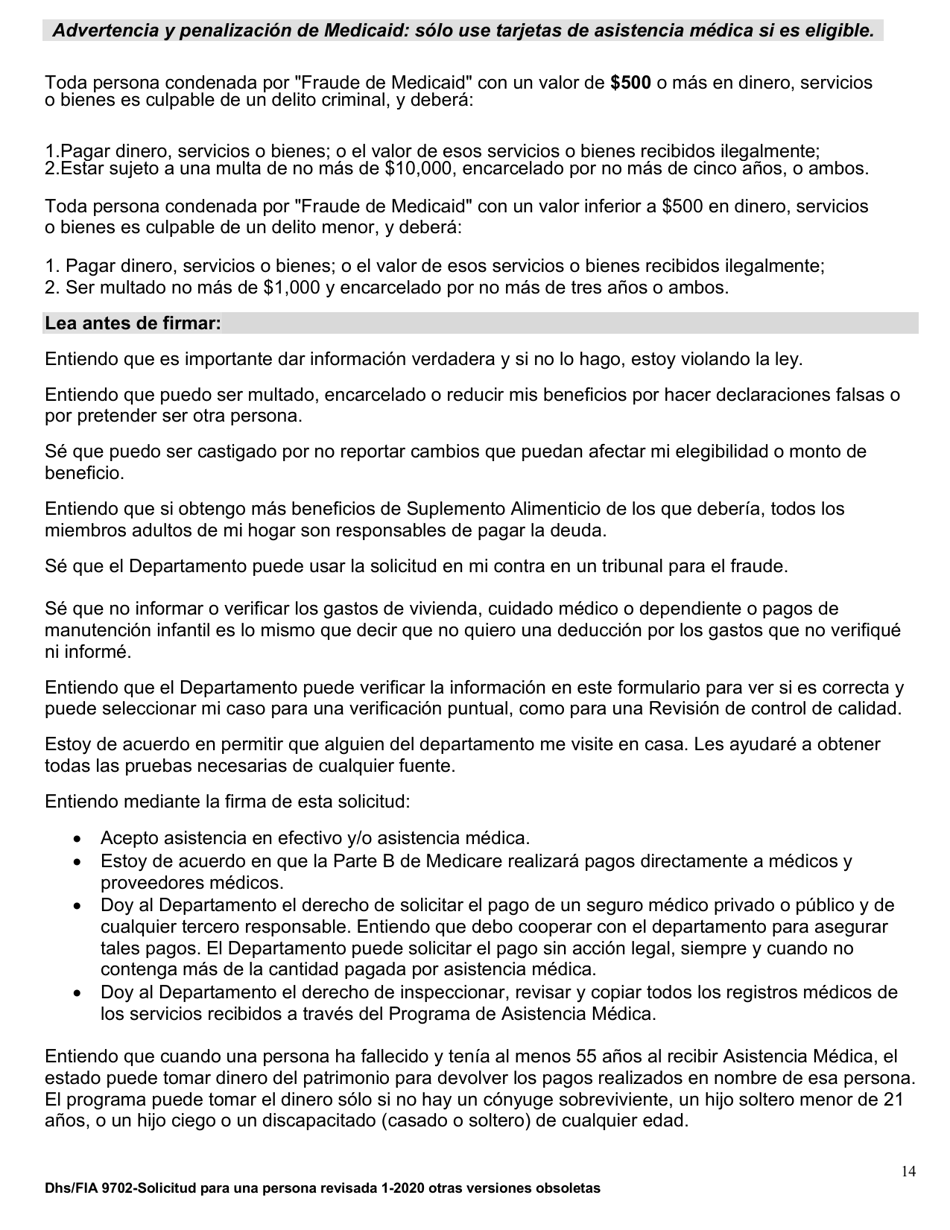 Formulario DHS / FIA9702 Solicitud De Asistencia Para Una Persona - Maryland (Spanish), Page 14