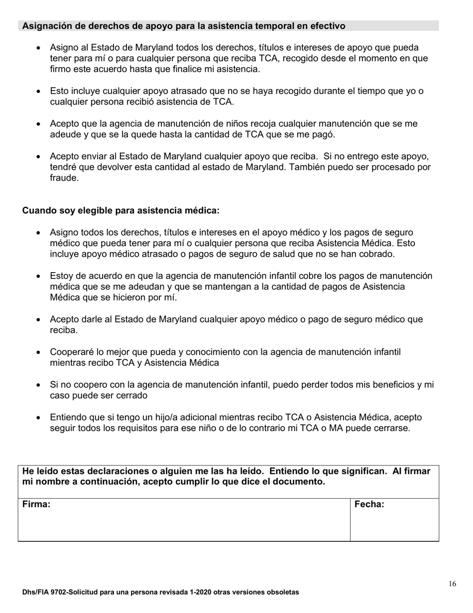 Formulario DHS / FIA9702 Solicitud De Asistencia Para Una Persona - Maryland (Spanish), Page 16