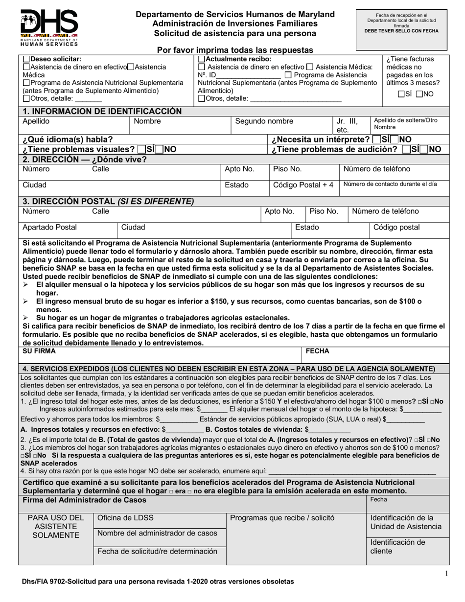 Formulario DHS / FIA9702 Solicitud De Asistencia Para Una Persona - Maryland (Spanish), Page 1