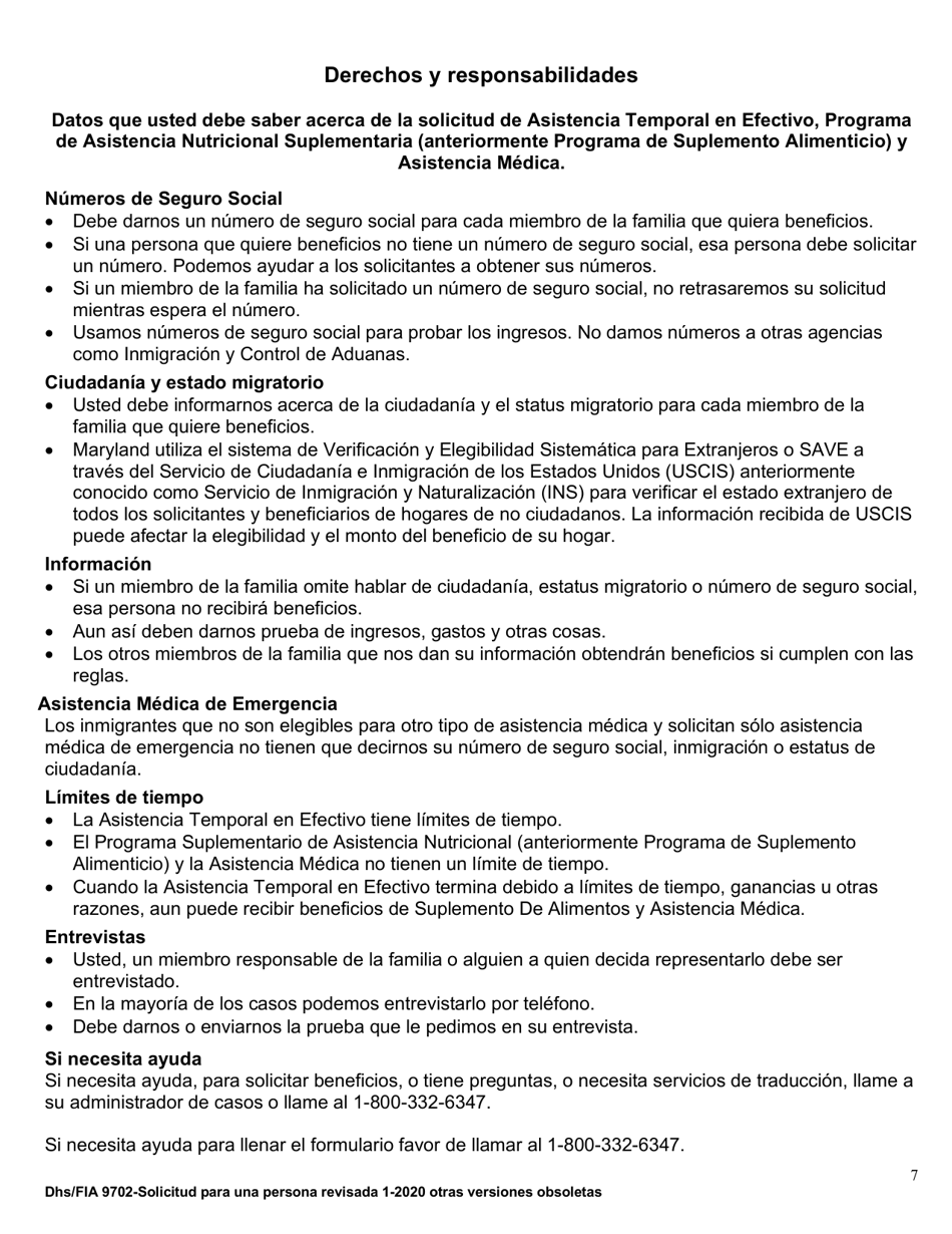 Formulario DHS / FIA9702 Solicitud De Asistencia Para Una Persona - Maryland (Spanish), Page 7