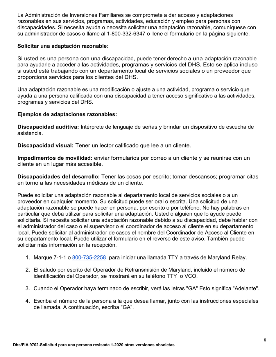 Formulario DHS / FIA9702 Solicitud De Asistencia Para Una Persona - Maryland (Spanish), Page 8