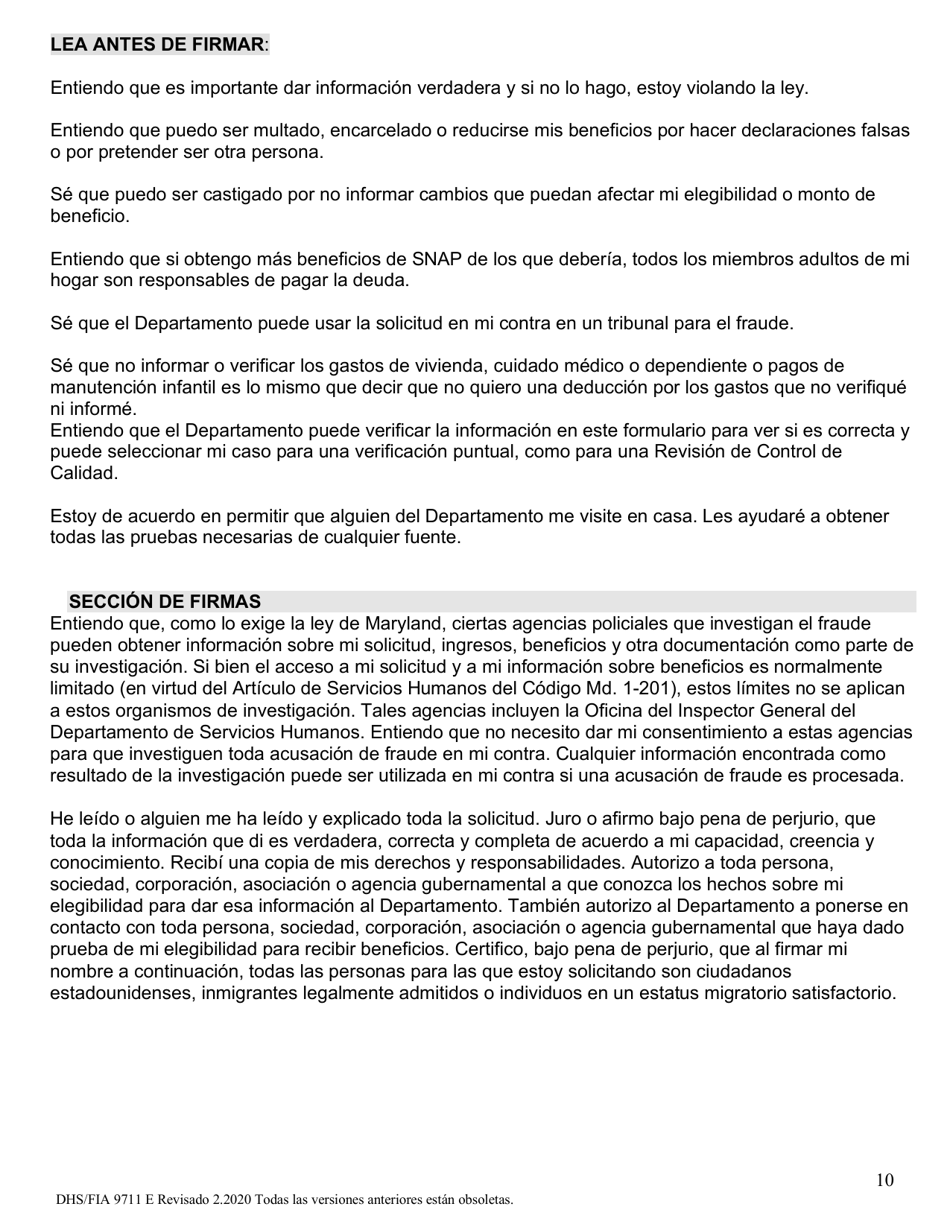 Formulario DHS / FIA9711 Proyecto De Solicitud Simplificada Para Ancianos - Maryland (Spanish), Page 10