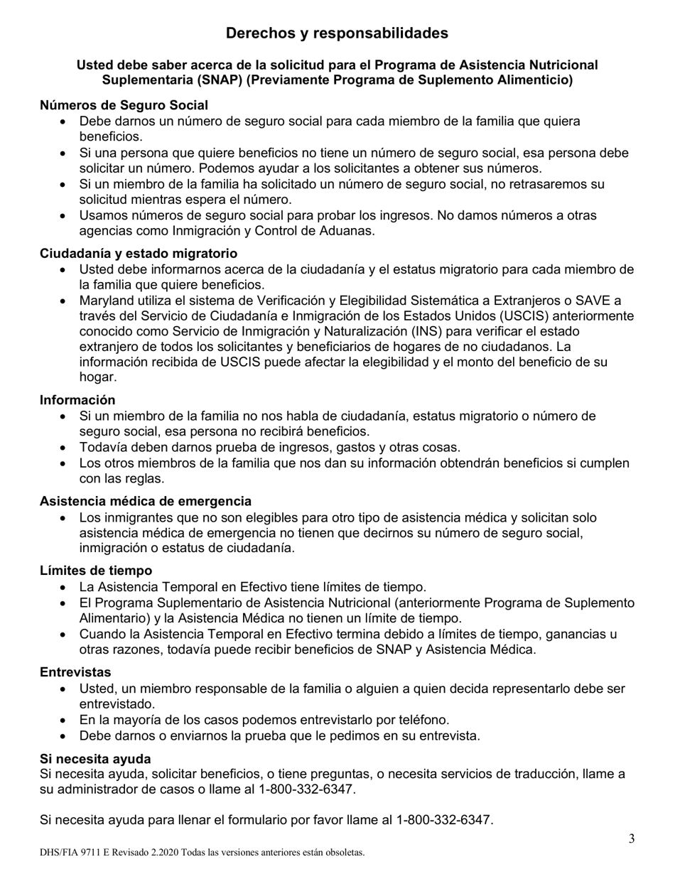 Formulario DHS / FIA9711 Proyecto De Solicitud Simplificada Para Ancianos - Maryland (Spanish), Page 3
