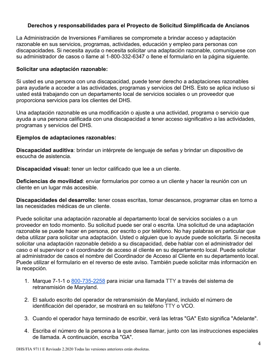Formulario DHS / FIA9711 Proyecto De Solicitud Simplificada Para Ancianos - Maryland (Spanish), Page 4