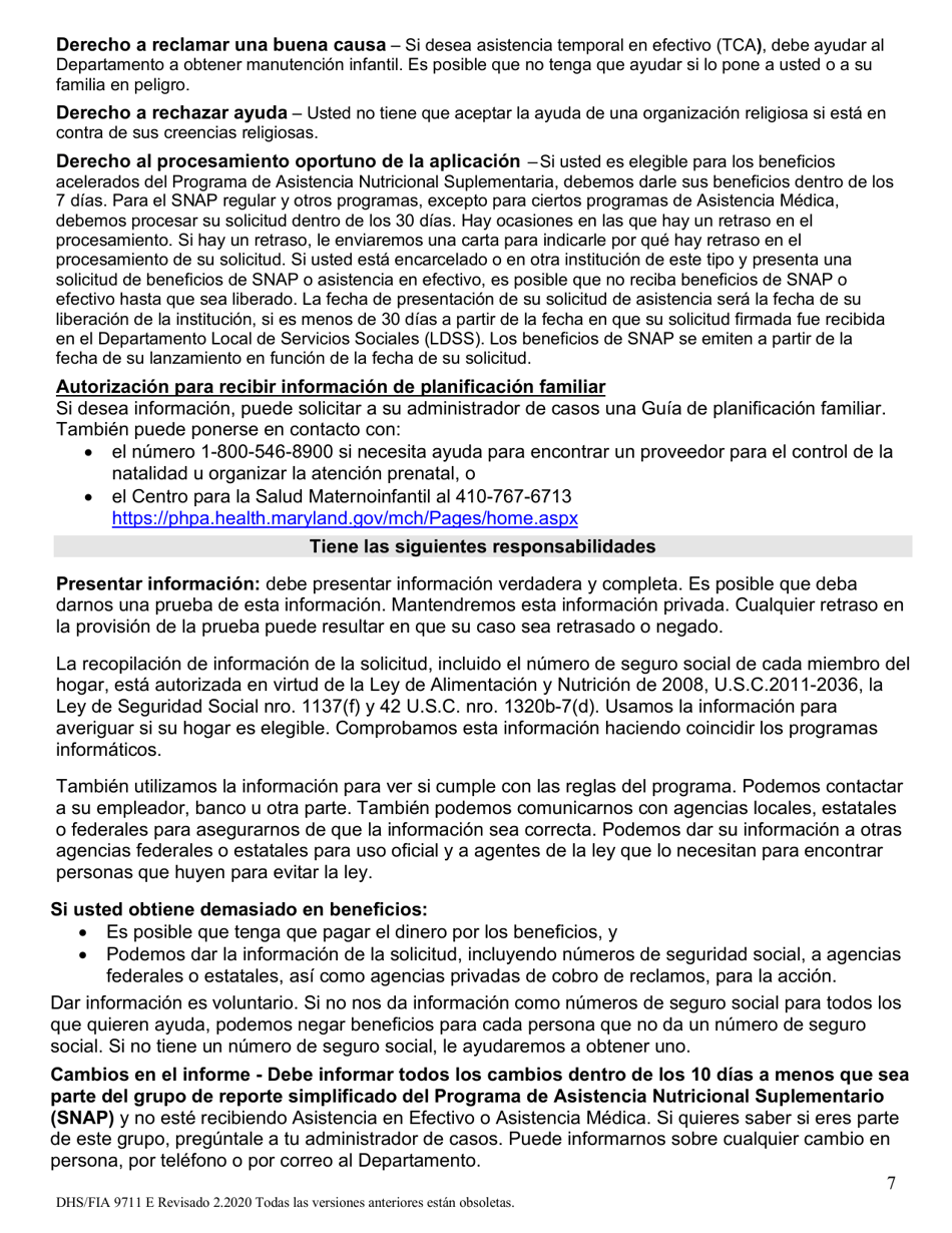 Formulario DHS / FIA9711 Proyecto De Solicitud Simplificada Para Ancianos - Maryland (Spanish), Page 7