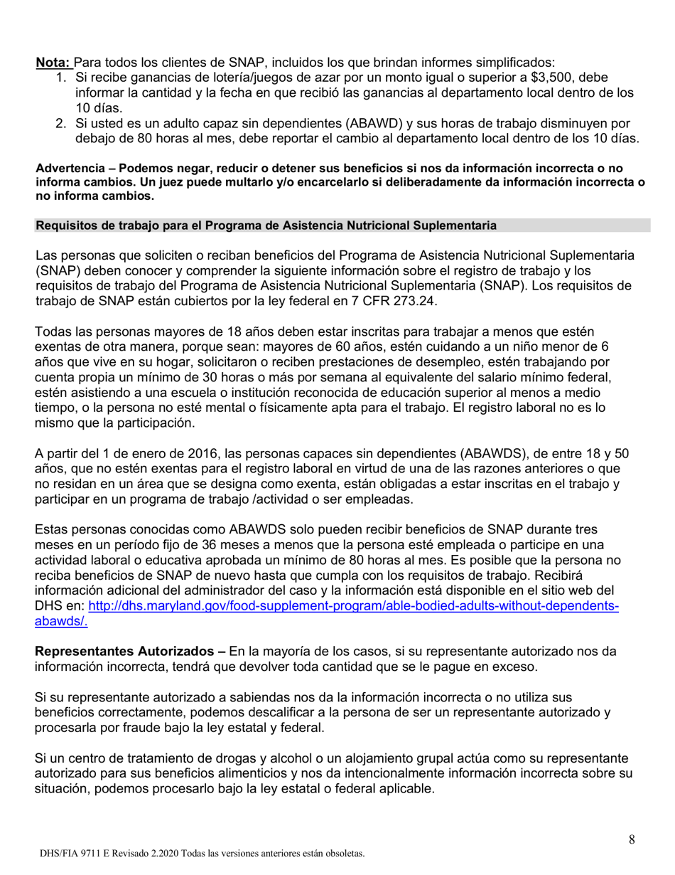 Formulario DHS / FIA9711 Proyecto De Solicitud Simplificada Para Ancianos - Maryland (Spanish), Page 8