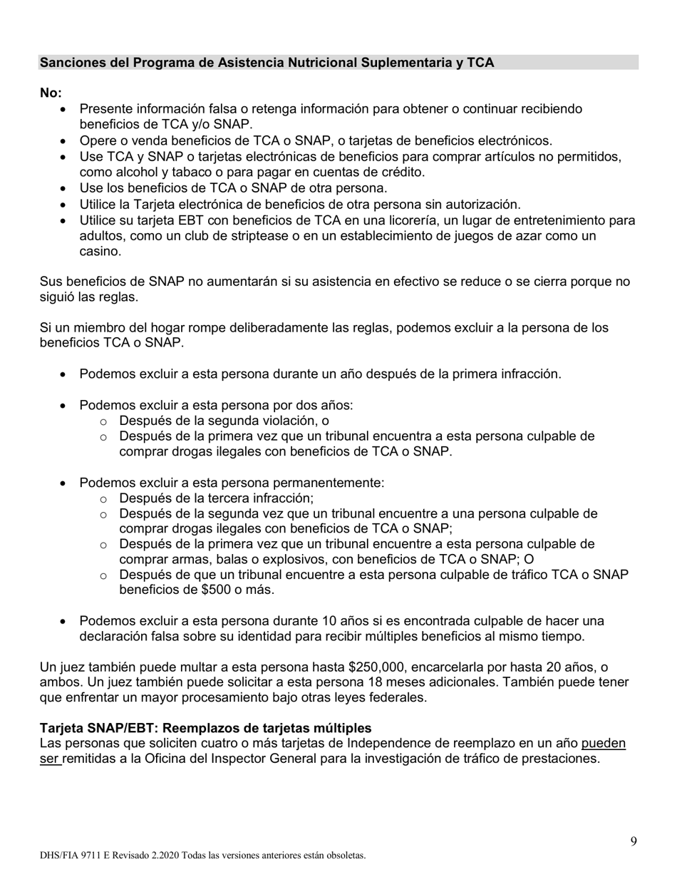 Formulario DHS / FIA9711 Proyecto De Solicitud Simplificada Para Ancianos - Maryland (Spanish), Page 9