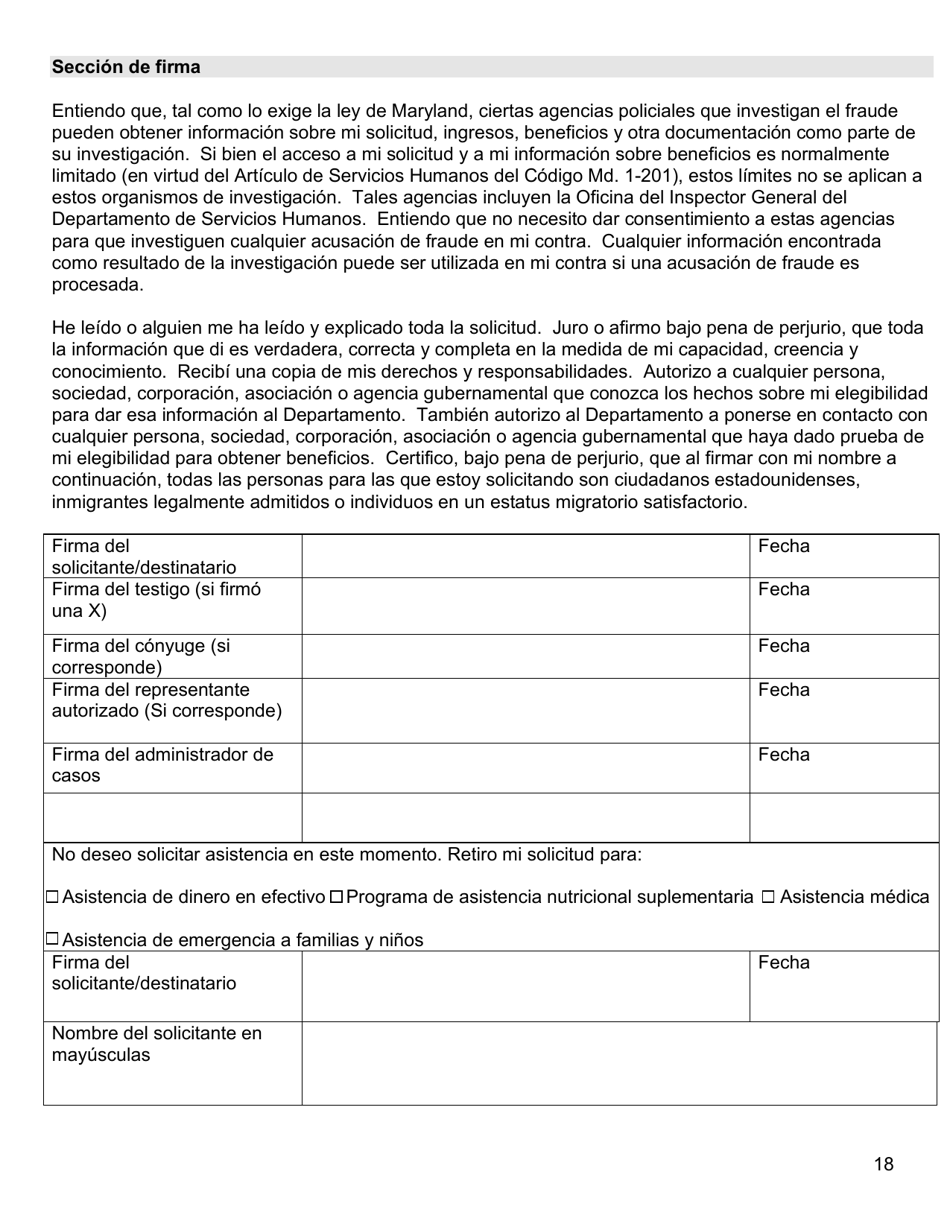 Formulario DHS / FIA CARES9701 Administracion De Inversiones Familiares Solicitud De Asistencia - Maryland (Spanish), Page 18