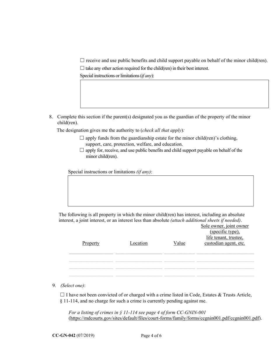 Form CC-GN-042 Petition by Standby Guardian (Judicial Appointment) - Maryland, Page 4