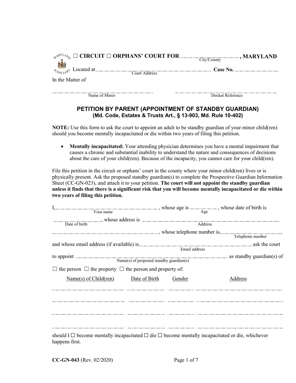 Form CC-GN-043 Petition by Parent (Appointment of Standby Guardian) - Maryland, Page 1