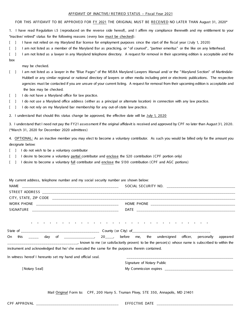 2021 Maryland Affidavit of Inactive / Retired Status - Fill Out, Sign ...