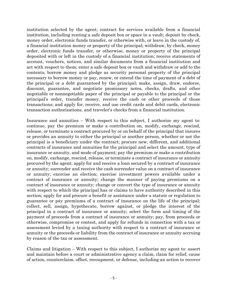 Maryland Statutory Form Personal Financial Power of Attorney - Maryland, Page 5