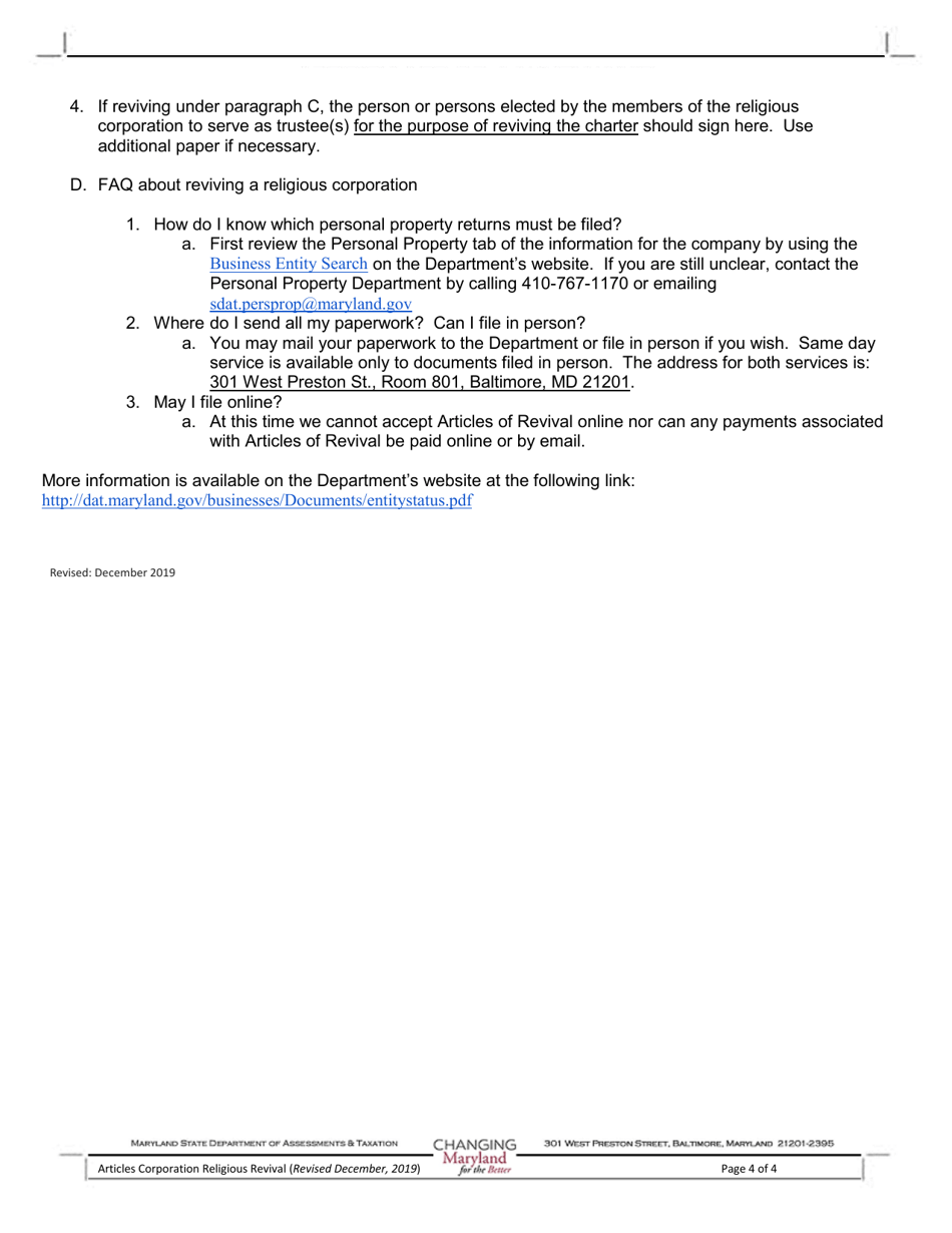 Religious Corporation Articles of Revival - Maryland, Page 4