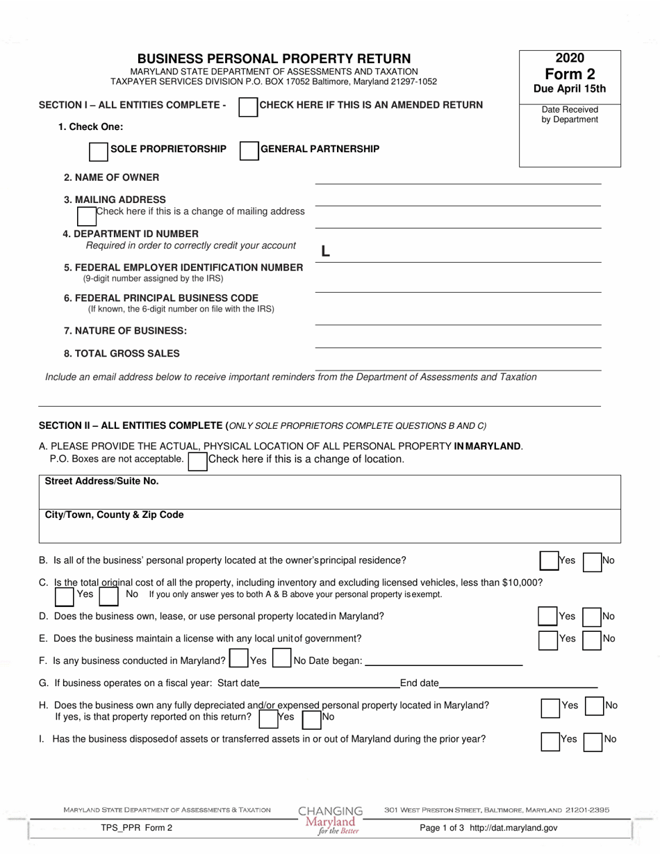 Form 2 Business Personal Property Return - Maryland, Page 1