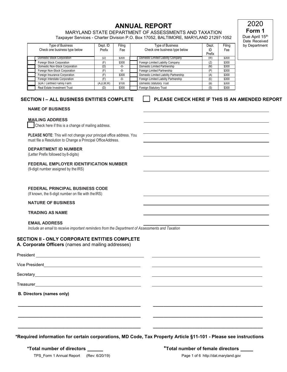 Form 1 Annual Report and Personal Property Tax Return - Maryland, Page 1