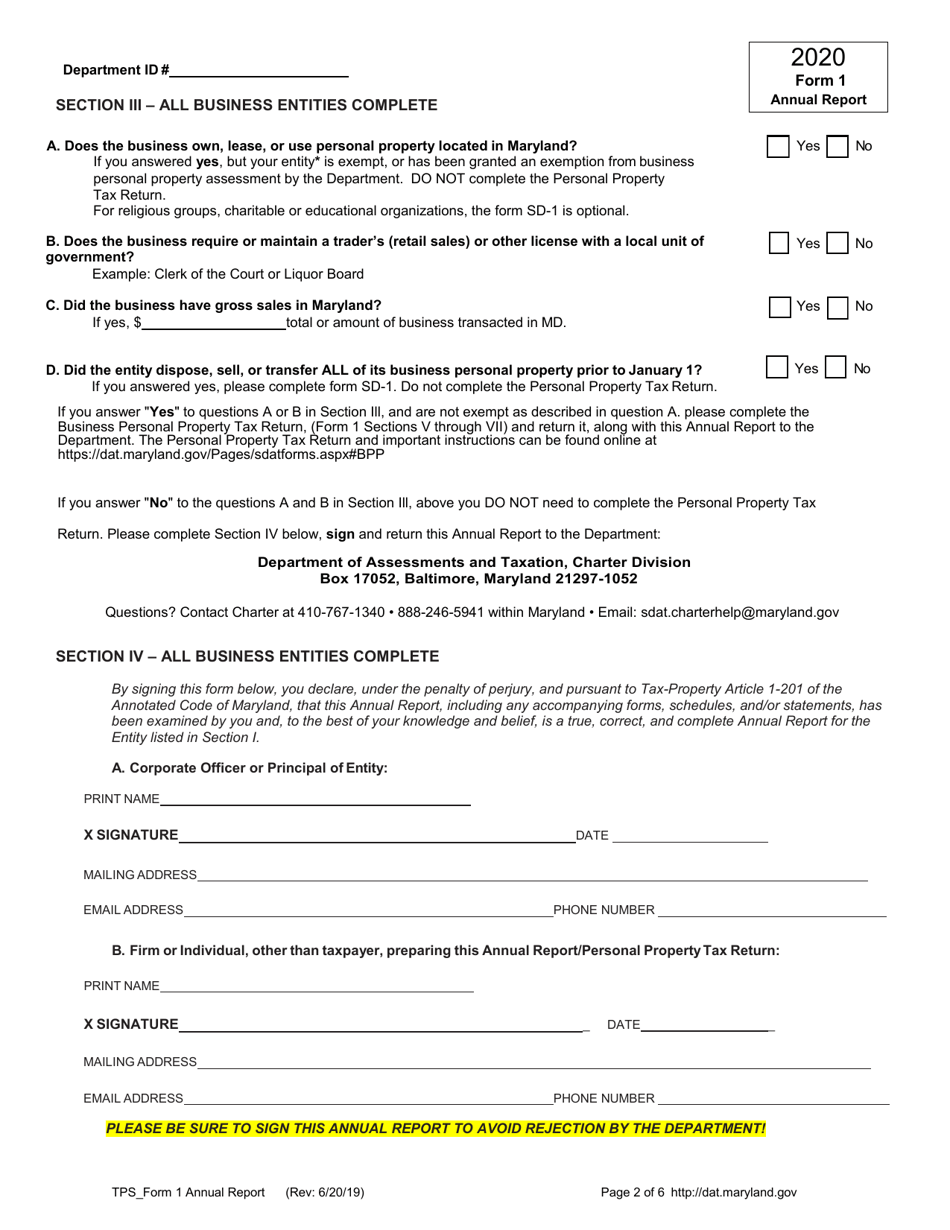 Form 1 Annual Report and Personal Property Tax Return - Maryland, Page 2
