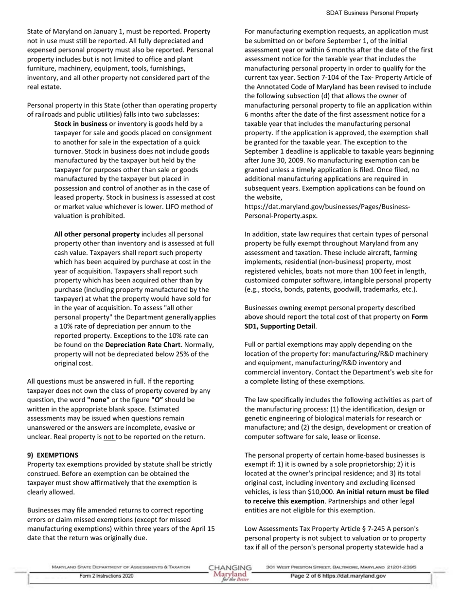 Instructions for Form 2 Business Personal Property Tax Return - Maryland, Page 2