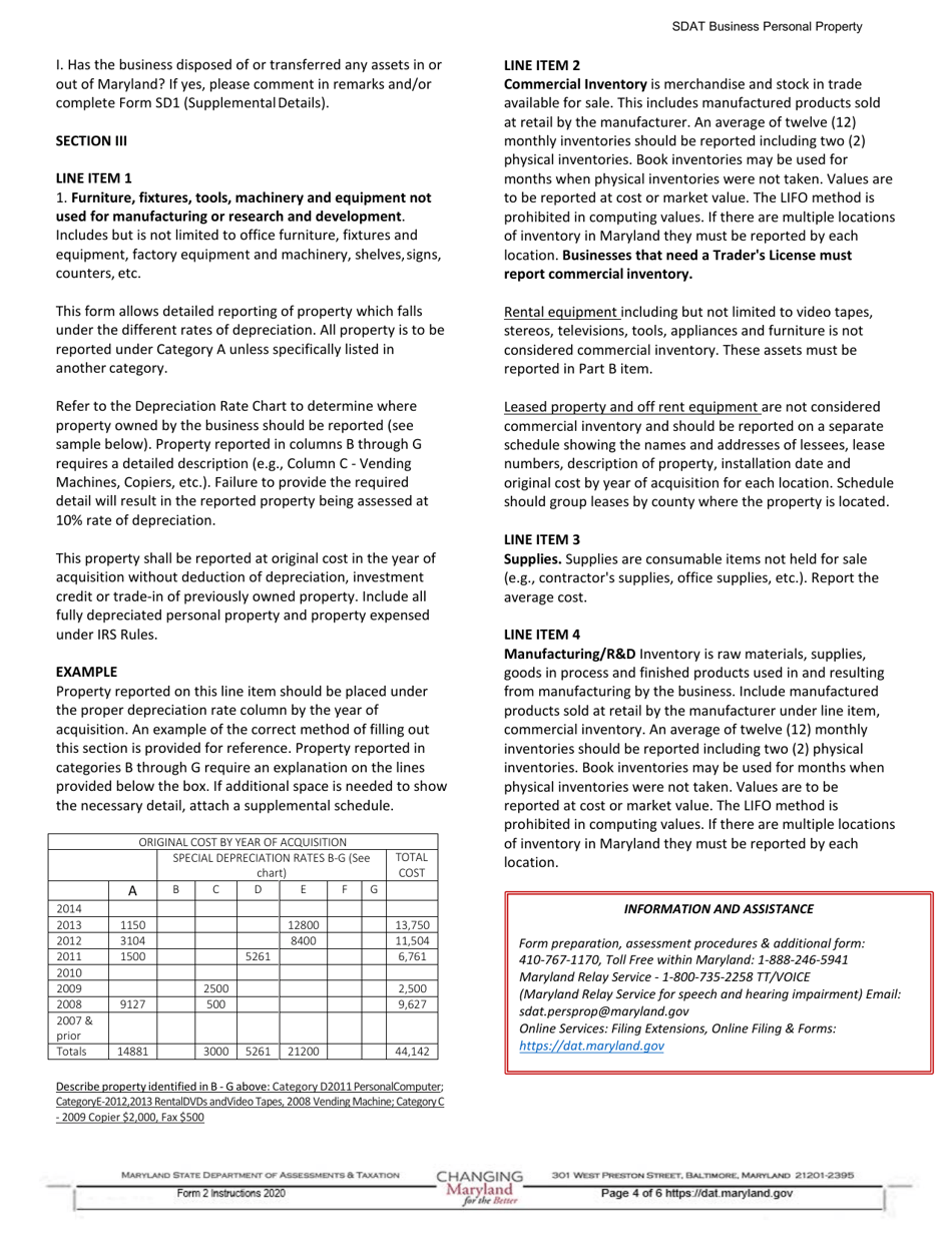 Instructions for Form 2 Business Personal Property Tax Return - Maryland, Page 4