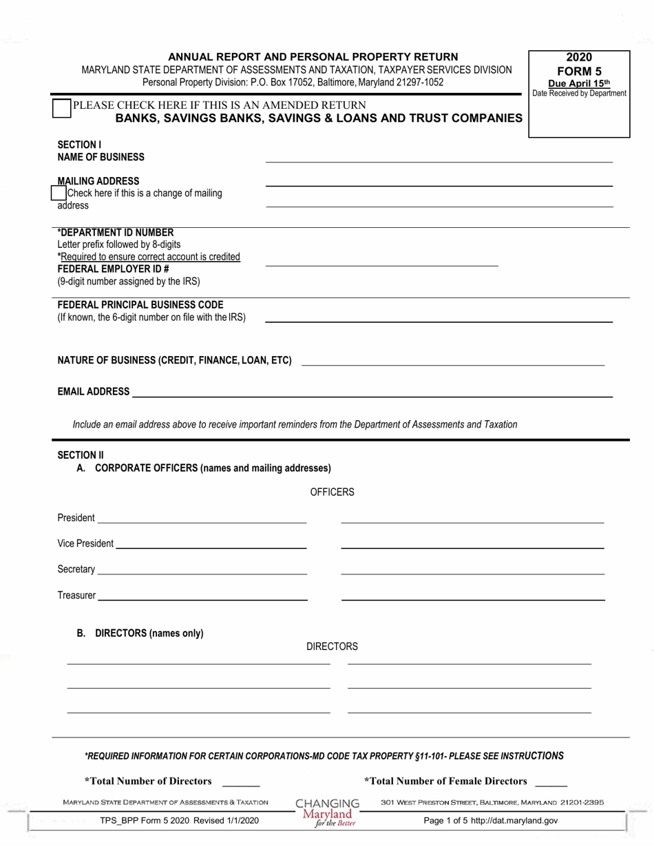 Form 5 Annual Report and Personal Property Return - Maryland, Page 1