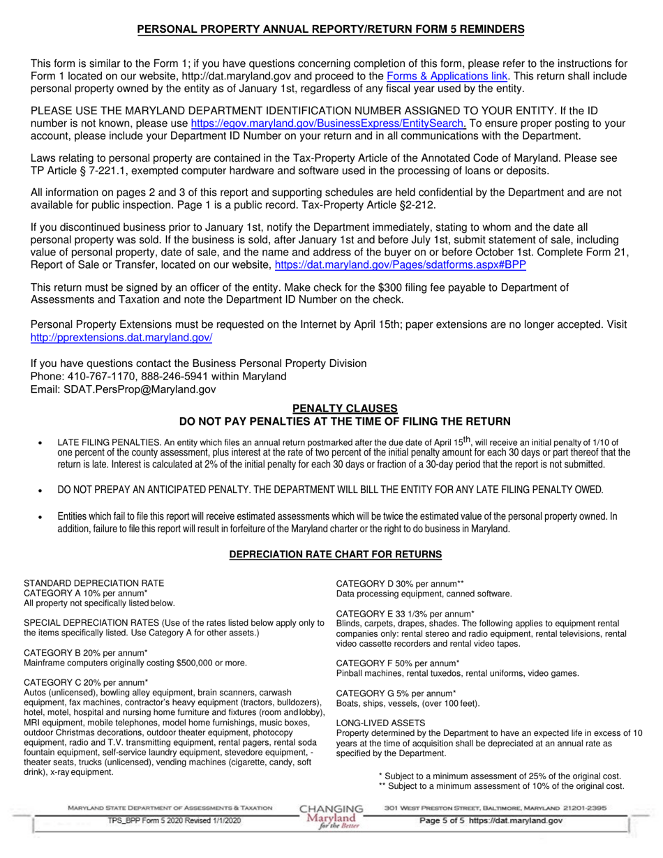 Form 5 Annual Report and Personal Property Return - Maryland, Page 5