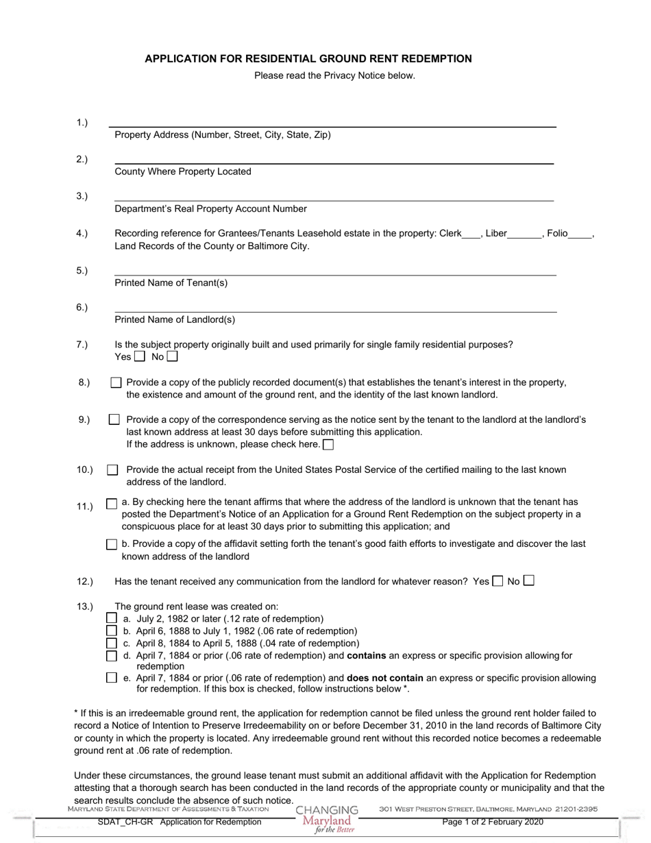 Form SDAT_CH-GR Application for Residential Ground Rent Redemption - Maryland, Page 1