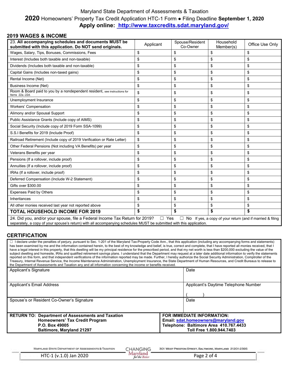 Form HTC-1 Homeowners Property Tax Credit Application - Maryland, Page 2