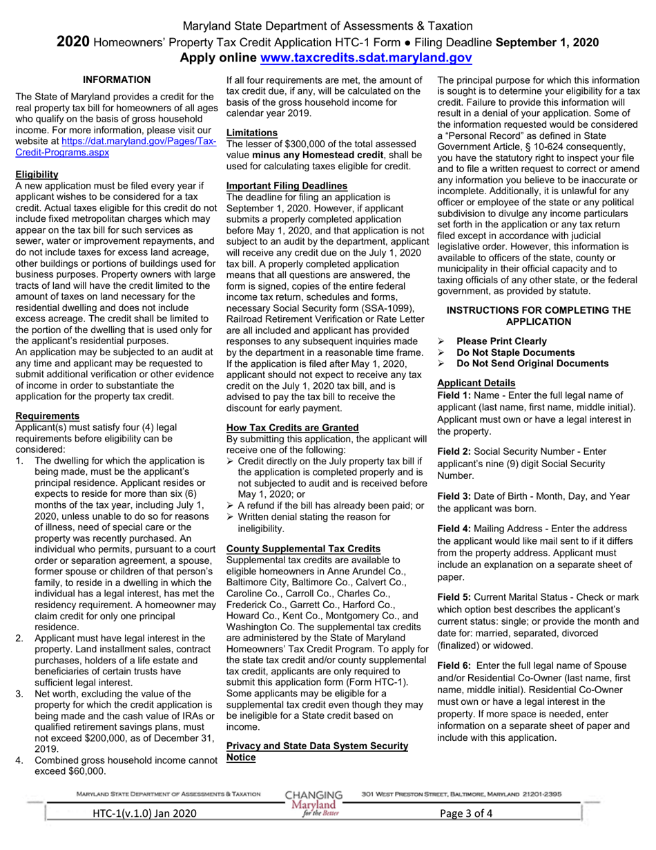 Form HTC-1 Homeowners Property Tax Credit Application - Maryland, Page 3