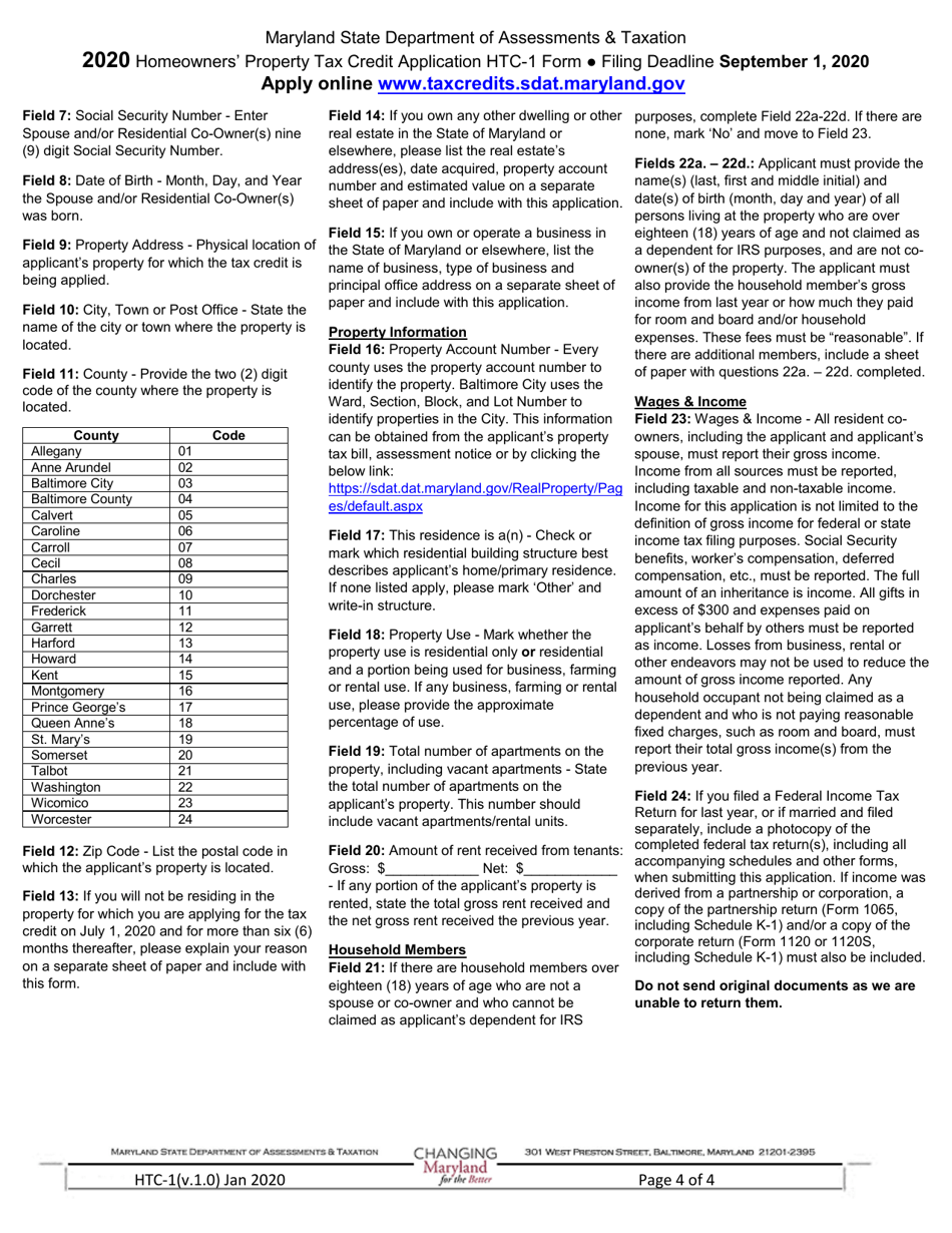 Form HTC-1 Homeowners Property Tax Credit Application - Maryland, Page 4