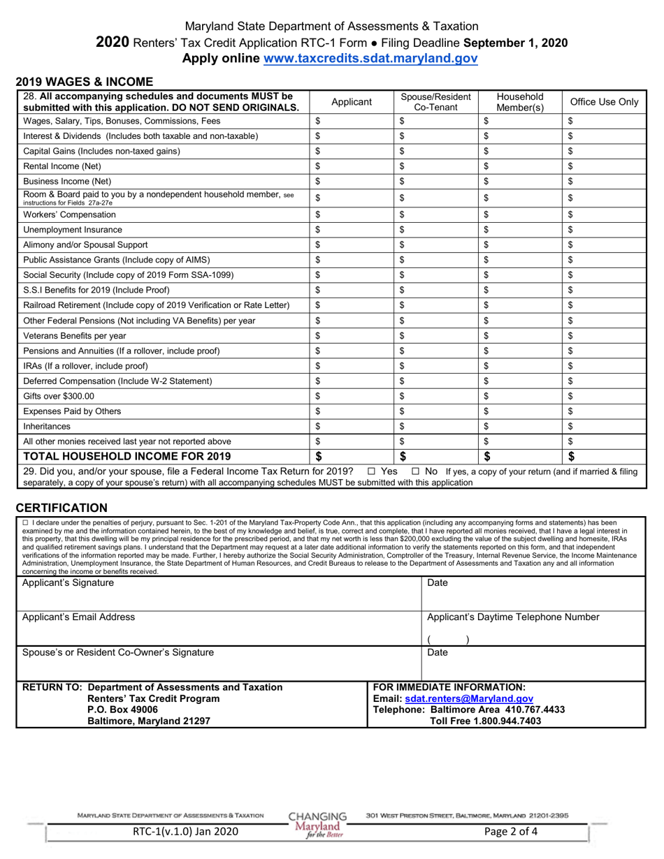 Form RTC-1 Renters Tax Credit Application - Maryland, Page 2