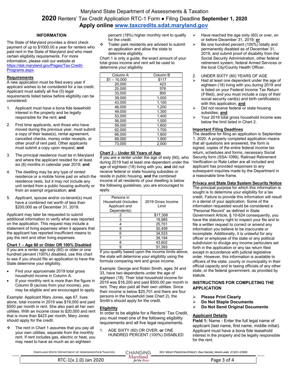 Form RTC-1 Renters Tax Credit Application - Maryland, Page 3